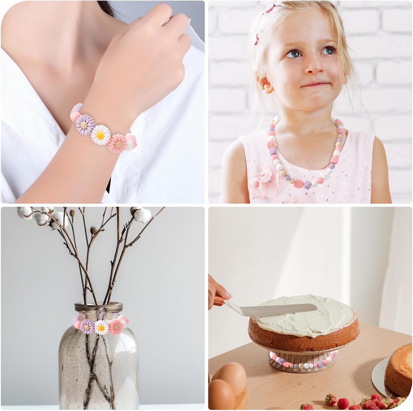 100pcs Daisy Silicone Beads – Flower Shape Craft Beads with Nylon Rope for DIY Keychains, Bracelets, Necklaces & Jewelry Making (4 Colors)