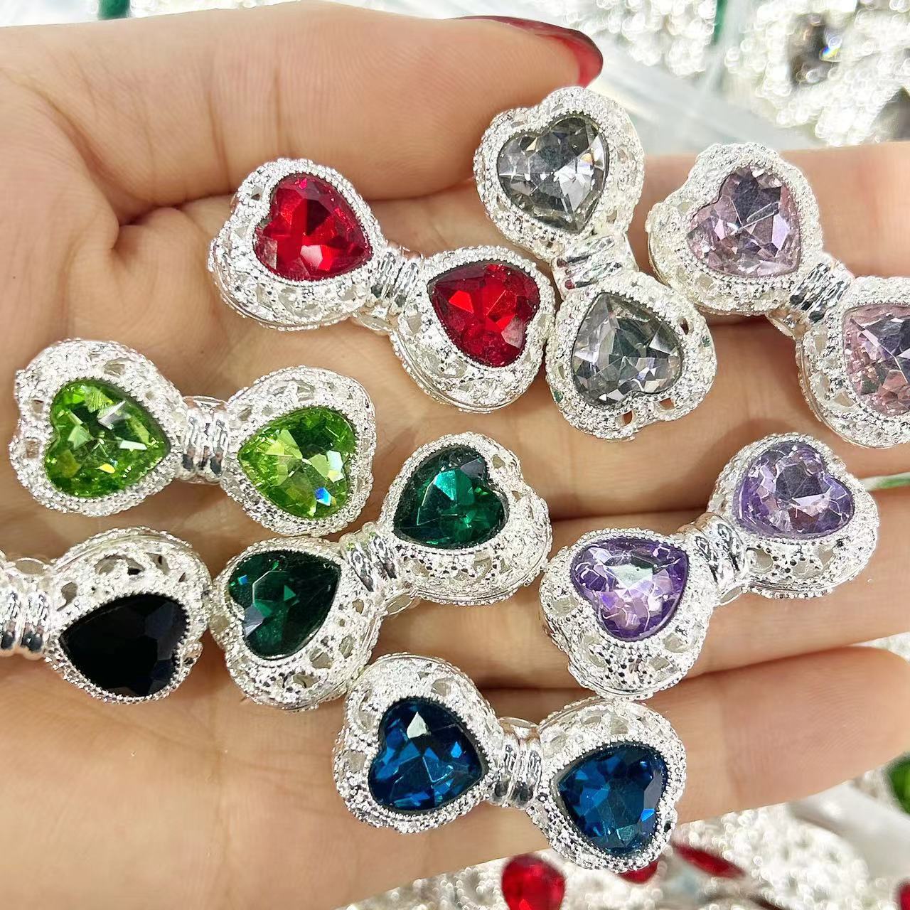 Silver Hollow Bow Beads - Rhinestone Heart & Diamond Accents (35mm Mix)