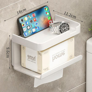 1pc No-drill Adhesive Wall Mounted Toilet Paper Holder With Storage Shelf