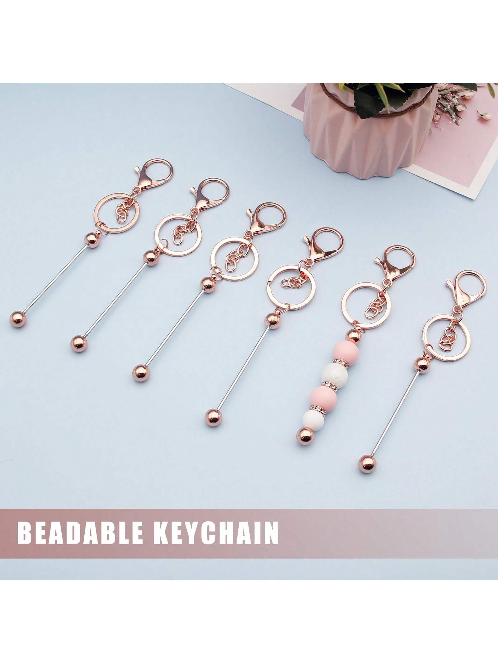 6pcs Beadable Keychains with Metal Pendants – Rose Gold, Black, and Silver Options