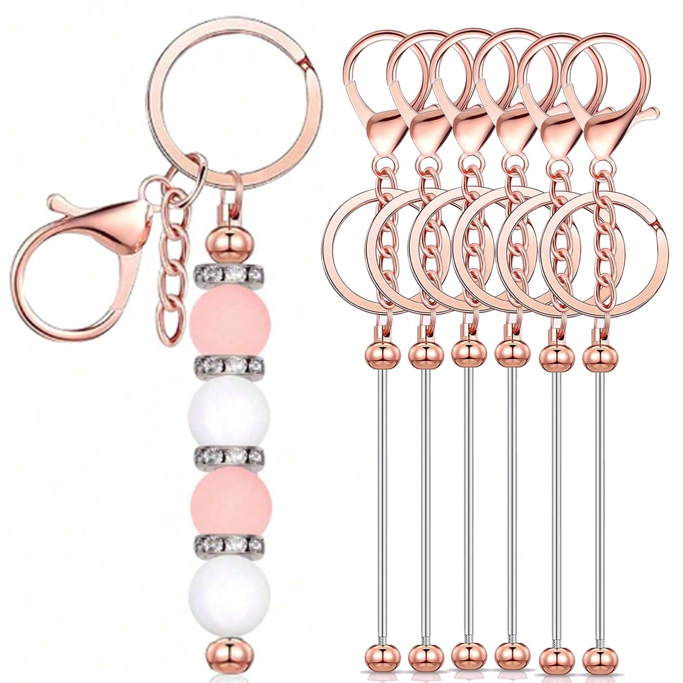6pcs Beadable Keychains with Metal Pendants – Rose Gold, Black, and Silver Options