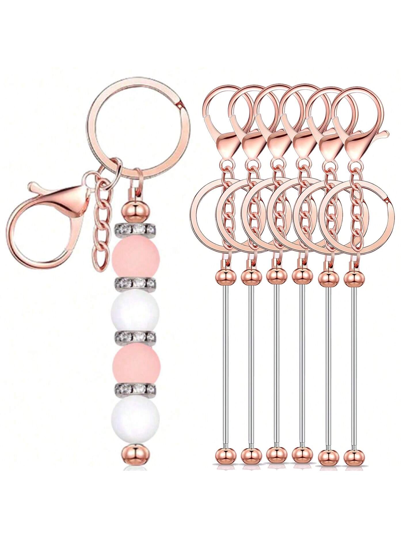 6pcs Beadable Keychains with Metal Pendants – Rose Gold, Black, and Silver Options