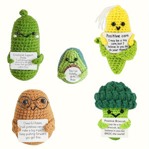 5, handmade emotional support knitted dolls, cucumber pickles, fun fruits, with positive affirmation cards, cute encouragement gifts