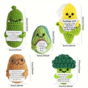 5, handmade emotional support knitted dolls, cucumber pickles, fun fruits, with positive affirmation cards, cute encouragement gifts