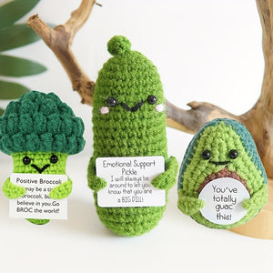 5, handmade emotional support knitted dolls, cucumber pickles, fun fruits, with positive affirmation cards, cute encouragement gifts