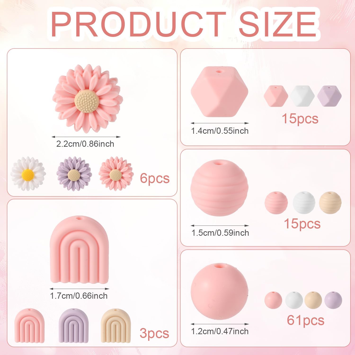 100pcs Daisy Silicone Beads – Flower Shape Craft Beads with Nylon Rope for DIY Keychains, Bracelets, Necklaces & Jewelry Making (4 Colors)