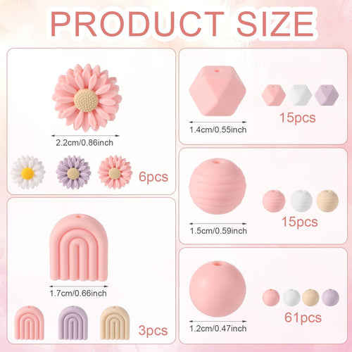 100pcs Daisy Silicone Beads – Flower Shape Craft Beads with Nylon Rope for DIY Keychains, Bracelets, Necklaces & Jewelry Making (4 Colors)