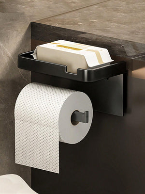 1pc No-drill Adhesive Wall Mounted Toilet Paper Holder With Storage Shelf