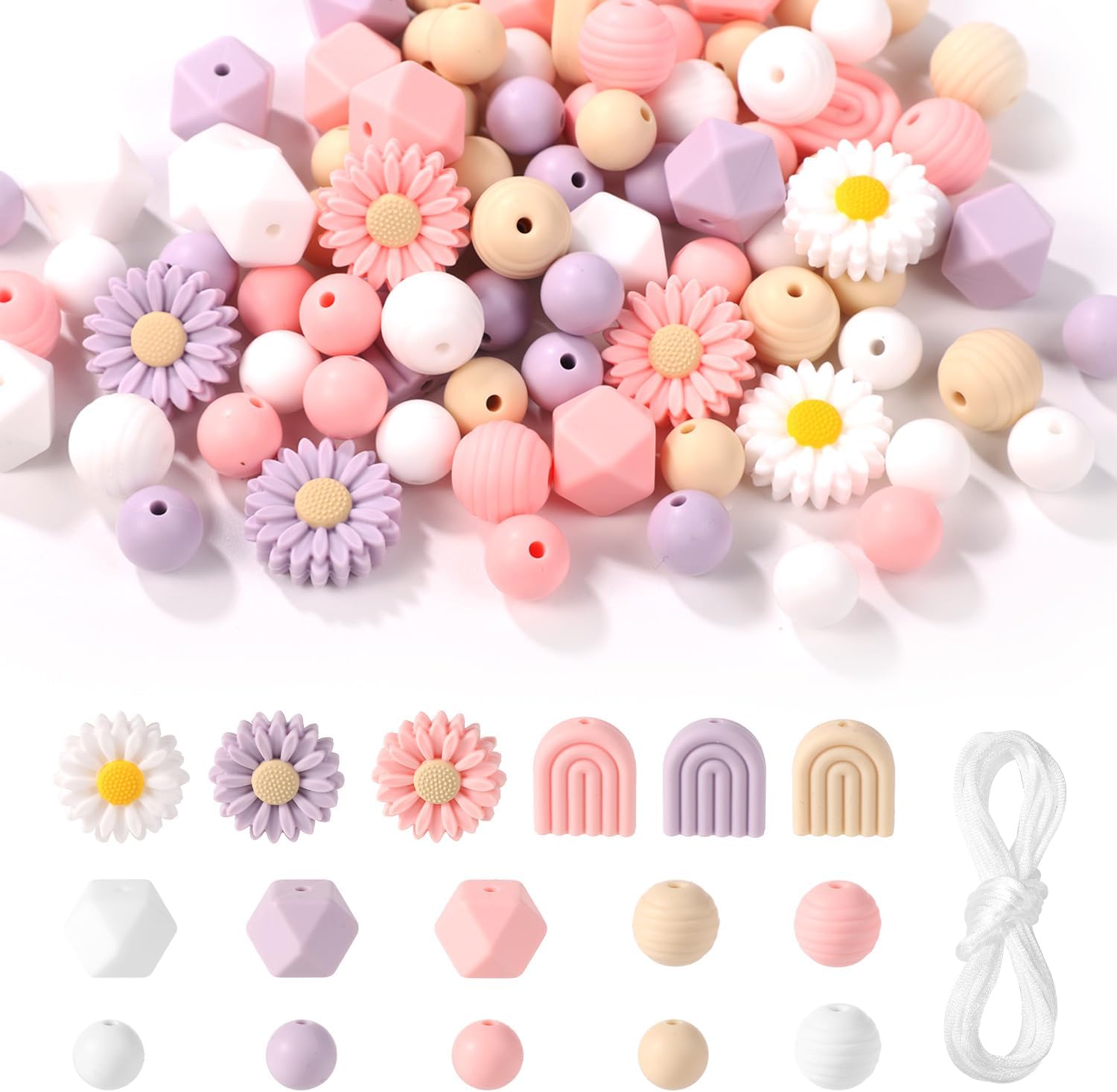 100pcs Daisy Silicone Beads – Flower Shape Craft Beads with Nylon Rope for DIY Keychains, Bracelets, Necklaces & Jewelry Making (4 Colors)