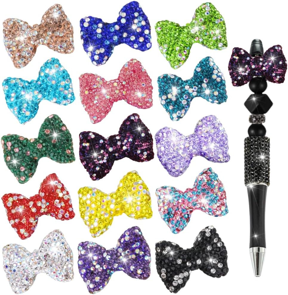 Bow Beads for Pens 10 Pcs Rhinestone Focal Bead for Crafts Fits for Beadable Pens Jewelry Making Braclets Bling Chunky Glitter Beads for DIY Supplies