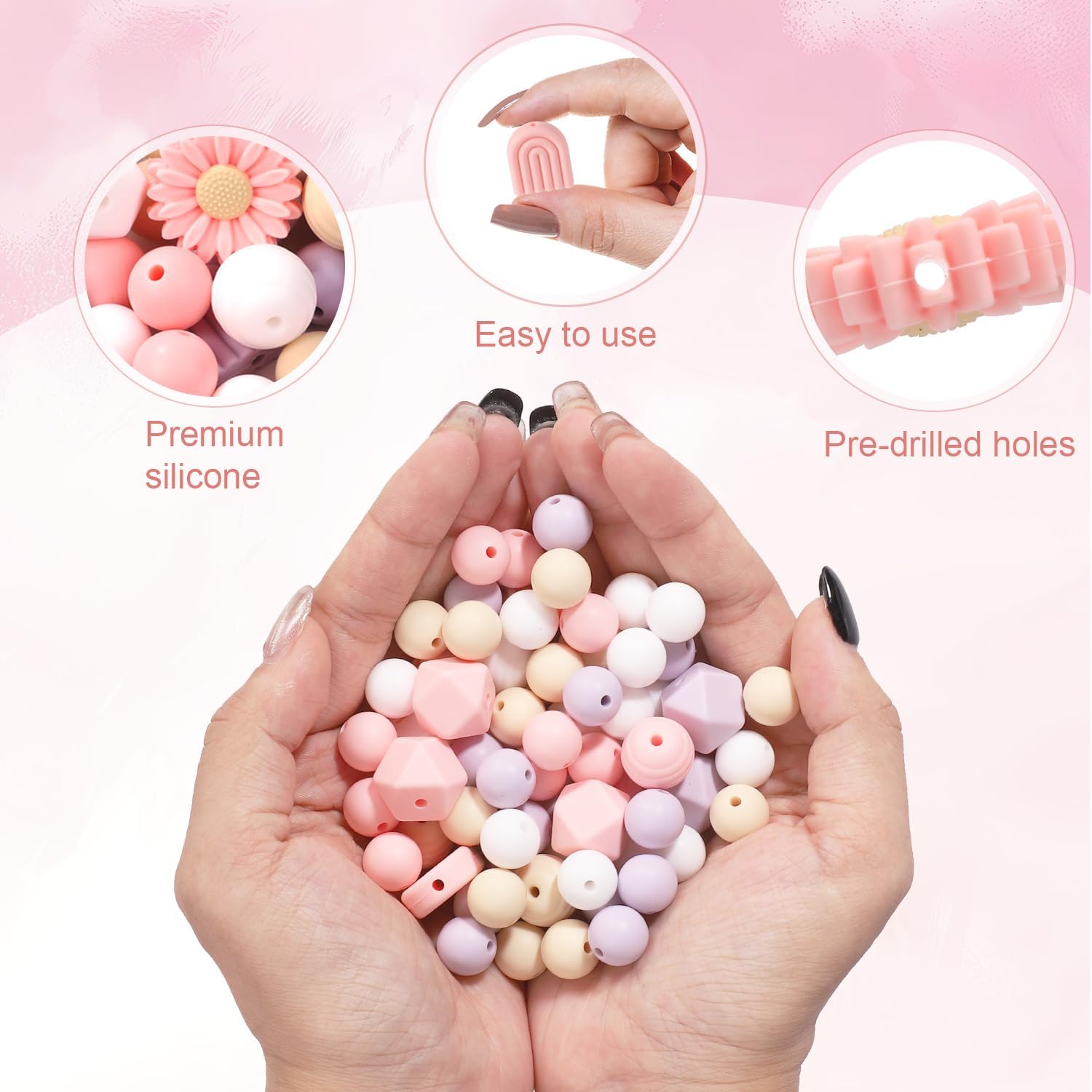 100pcs Daisy Silicone Beads – Flower Shape Craft Beads with Nylon Rope for DIY Keychains, Bracelets, Necklaces & Jewelry Making (4 Colors)