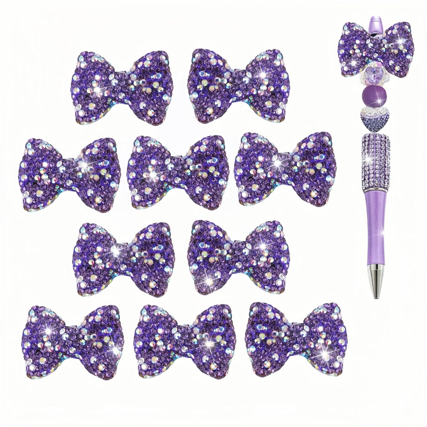 Bow Beads for Pens 10 Pcs Rhinestone Focal Bead for Crafts Fits for Beadable Pens Jewelry Making Braclets Bling Chunky Glitter Beads for DIY Supplies
