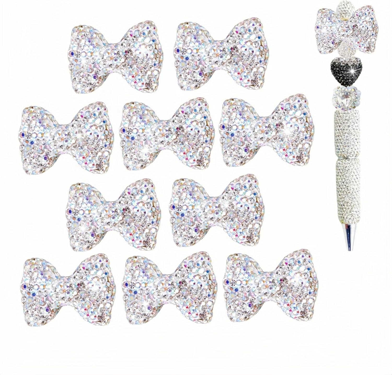 Bow Beads for Pens 10 Pcs Rhinestone Focal Bead for Crafts Fits for Beadable Pens Jewelry Making Braclets Bling Chunky Glitter Beads for DIY Supplies