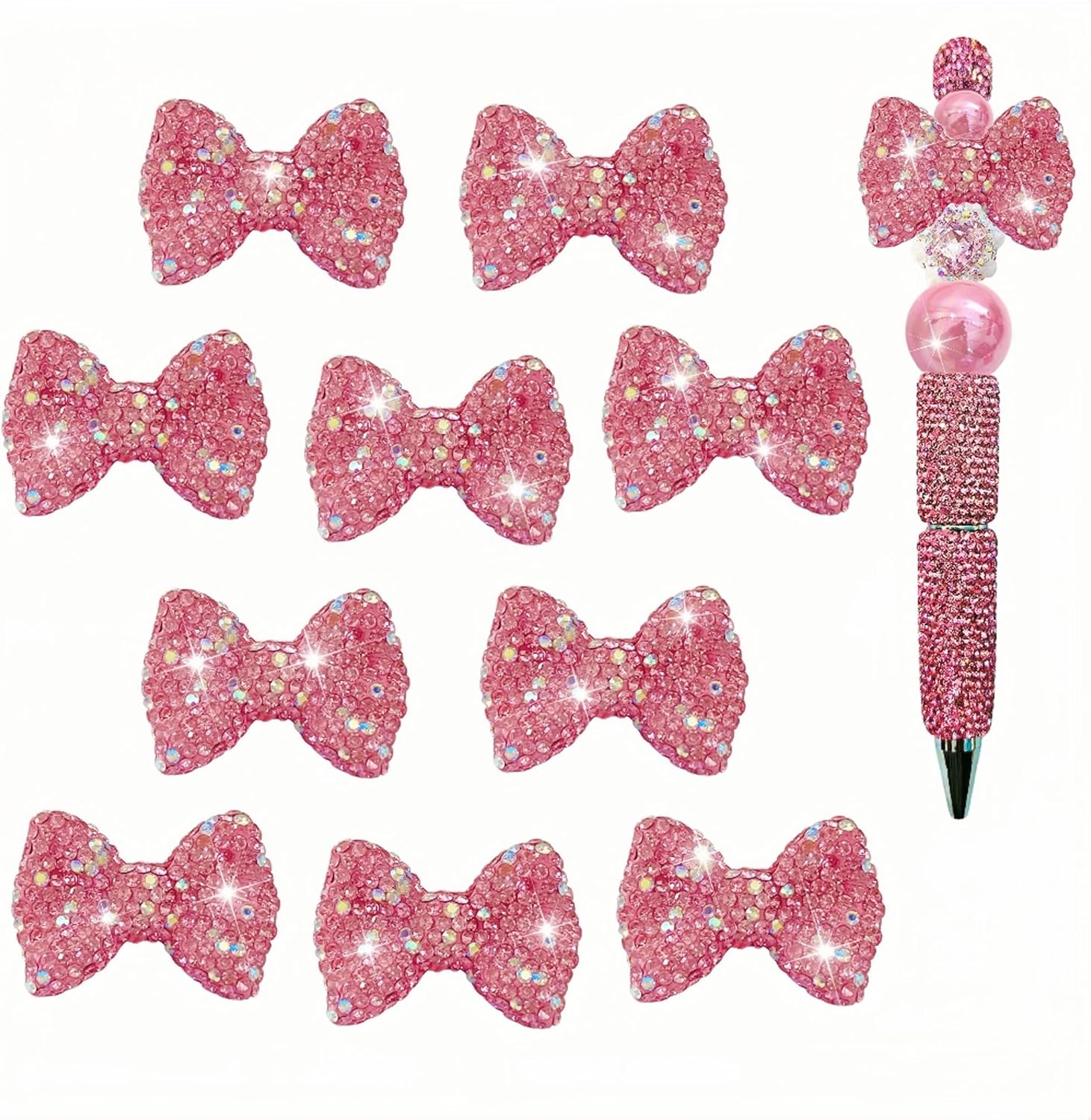 Bow Beads for Pens 10 Pcs Rhinestone Focal Bead for Crafts Fits for Beadable Pens Jewelry Making Braclets Bling Chunky Glitter Beads for DIY Supplies