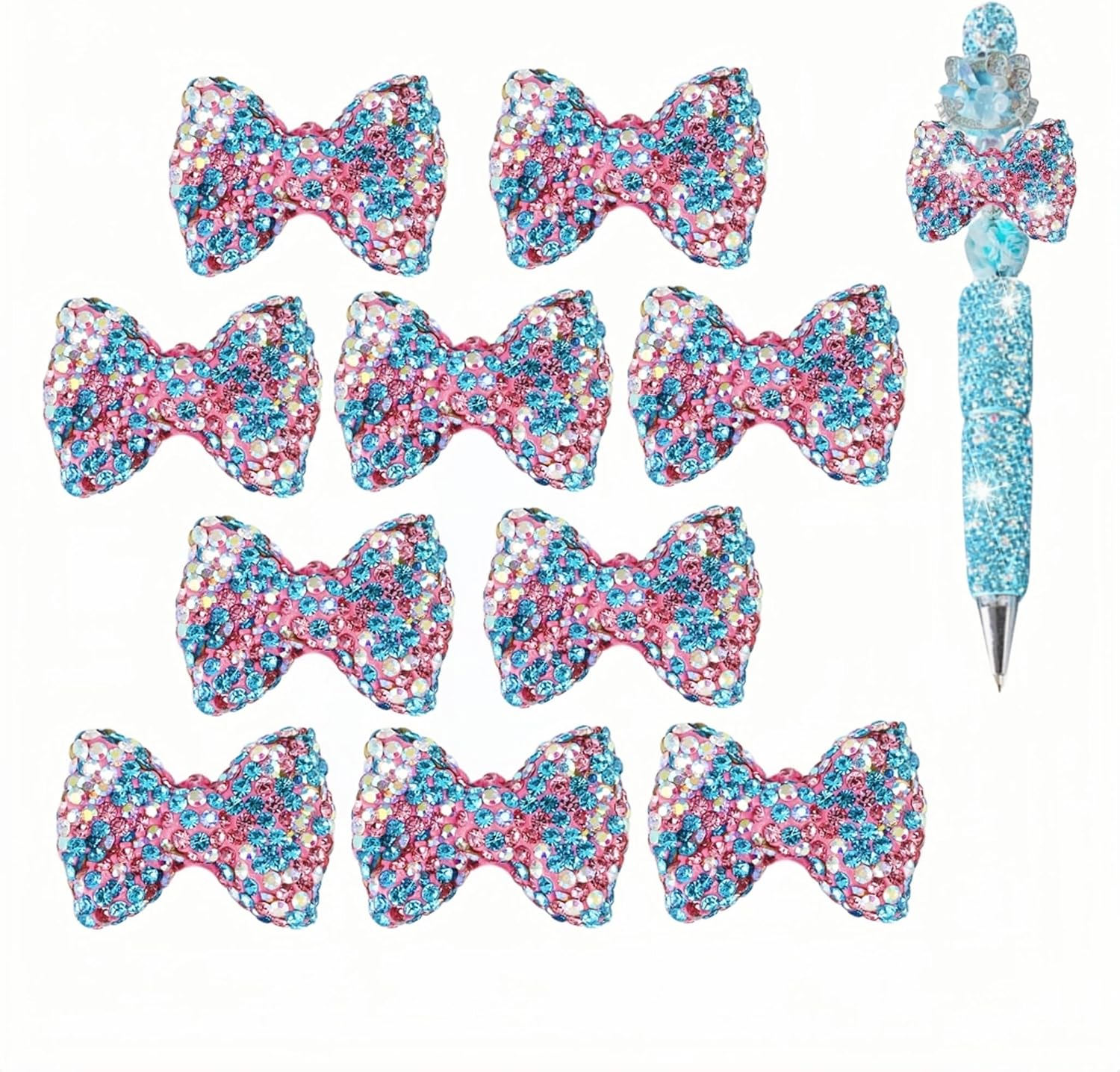 Bow Beads for Pens 10 Pcs Rhinestone Focal Bead for Crafts Fits for Beadable Pens Jewelry Making Braclets Bling Chunky Glitter Beads for DIY Supplies