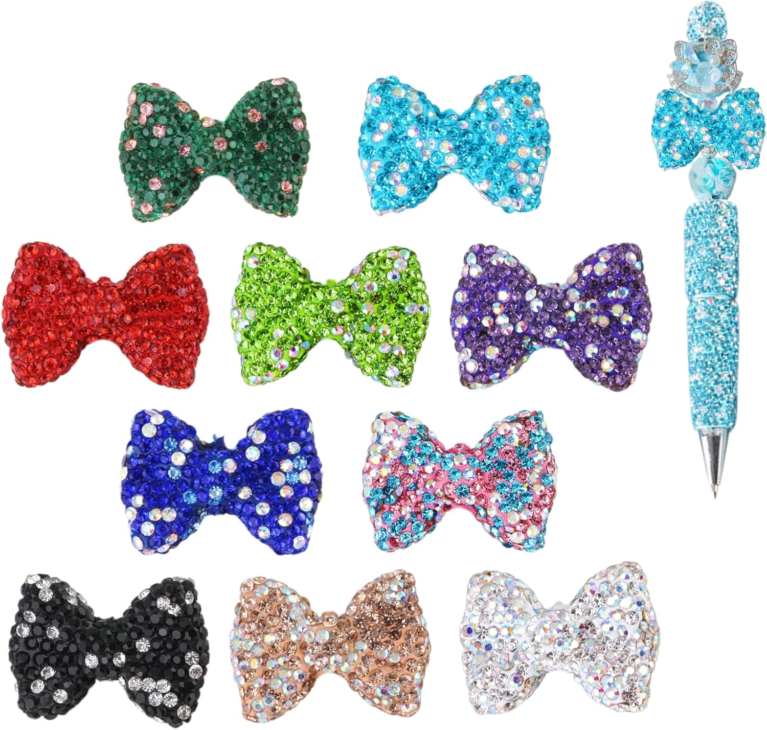 Bow Beads for Pens 10 Pcs Rhinestone Focal Bead for Crafts Fits for Beadable Pens Jewelry Making Braclets Bling Chunky Glitter Beads for DIY Supplies