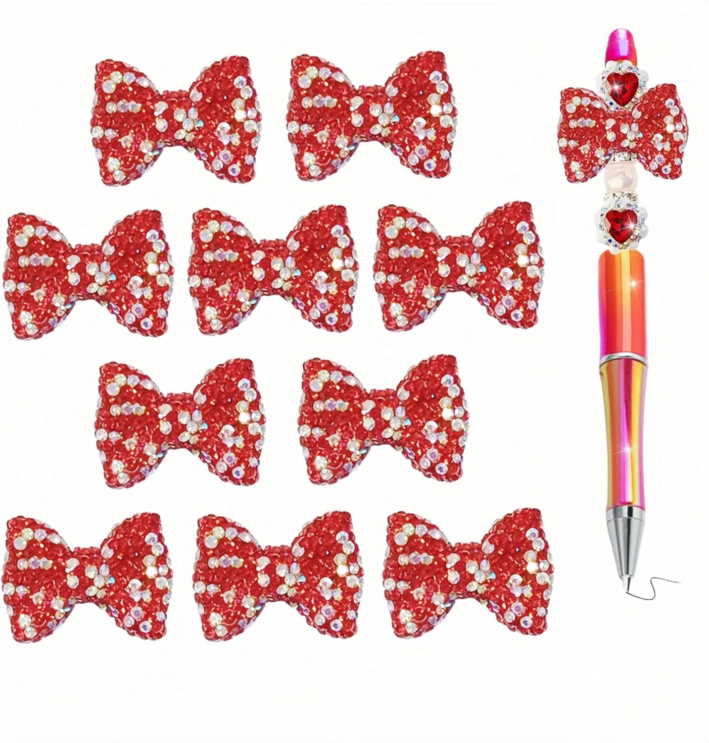 Bow Beads for Pens 10 Pcs Rhinestone Focal Bead for Crafts Fits for Beadable Pens Jewelry Making Braclets Bling Chunky Glitter Beads for DIY Supplies
