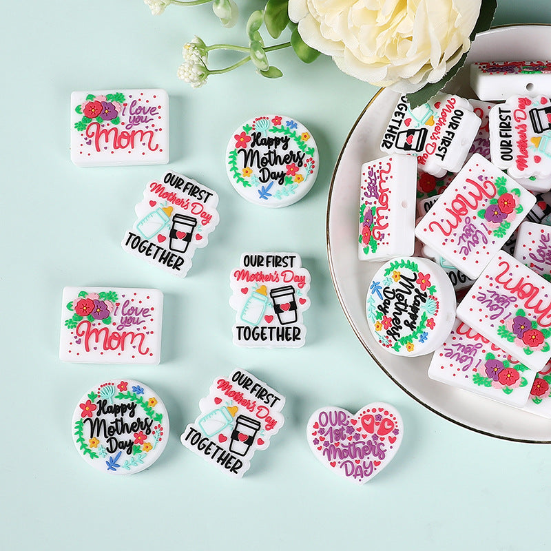 Silicone bead cartoon English letter epoxy loose beads DIY jewelry, heart silicone beads for Mother's Day