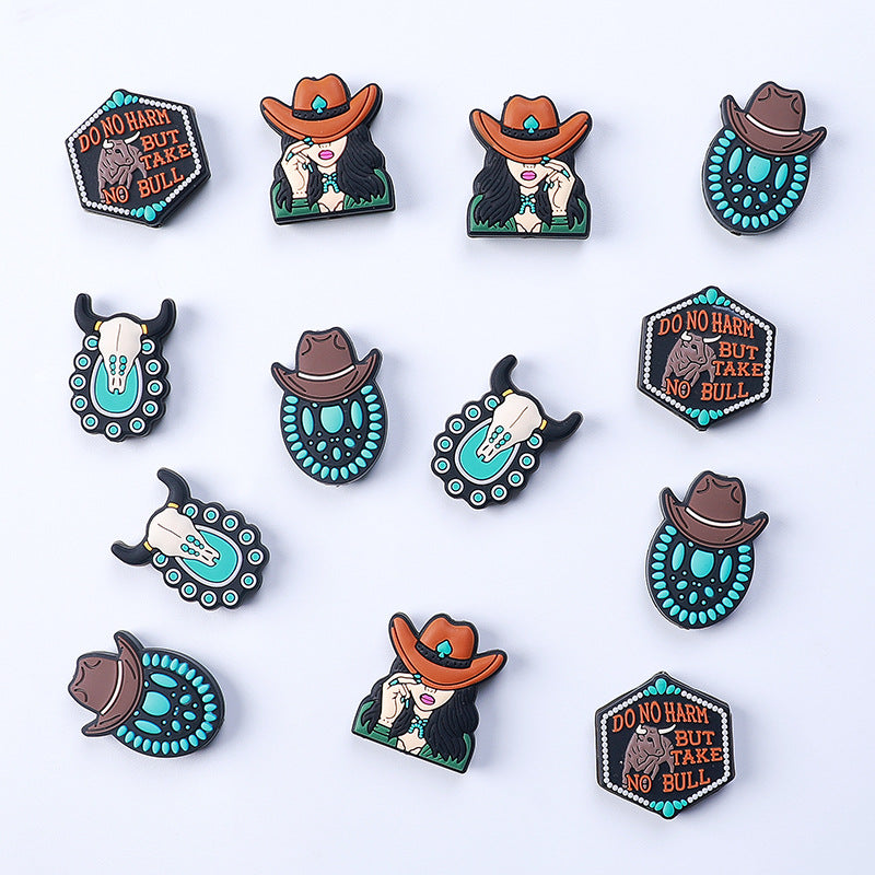 Bull head, cowgirl hat silicone focal bead