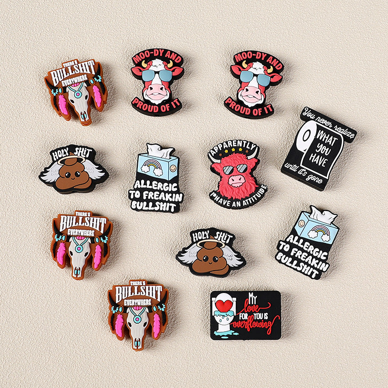 Cow themed, inscription, poop angel, silicone focal beads - different varieties and style