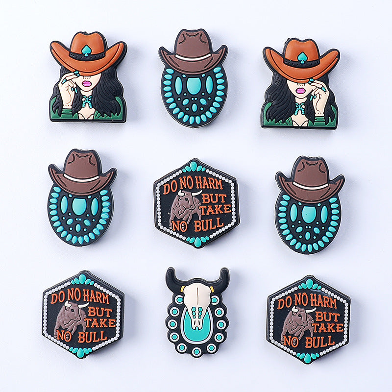 Bull head, cowgirl hat silicone focal bead