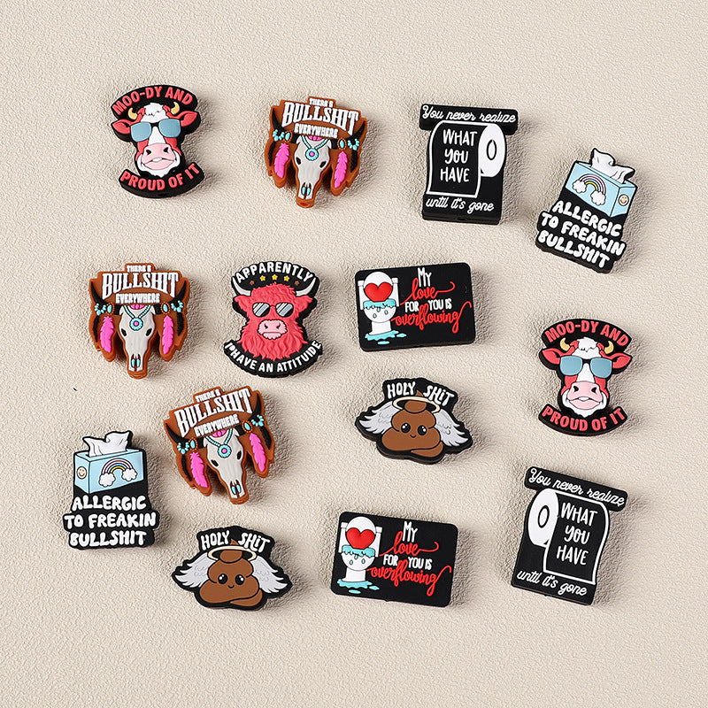 Cow themed, inscription, poop angel, silicone focal beads - different varieties and style