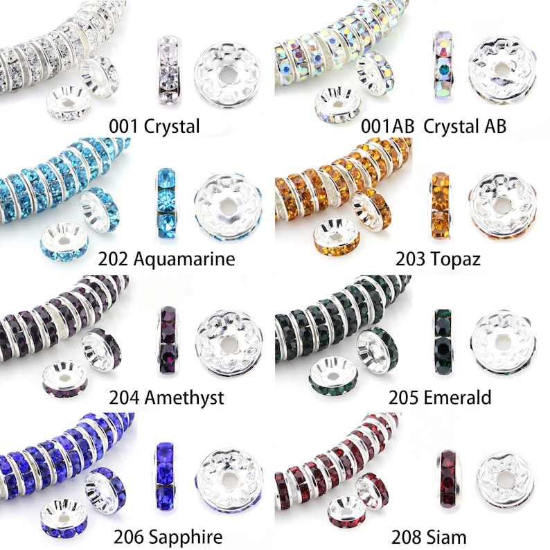 Rondelle Spacer Beads Silver Plated Color Crystal Rhinestone for Jewelry Making Connector 4mm 6mm 8mm 10mm 100pcs Bulk