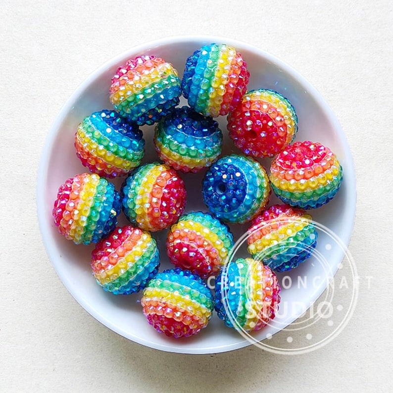 Bubblegum Beads, Round Rainbow Acrylic Beads, Rhinestone Cluster Beads Ball, 22mm Chunky Acrylic Beads, DIY Beaded Pen