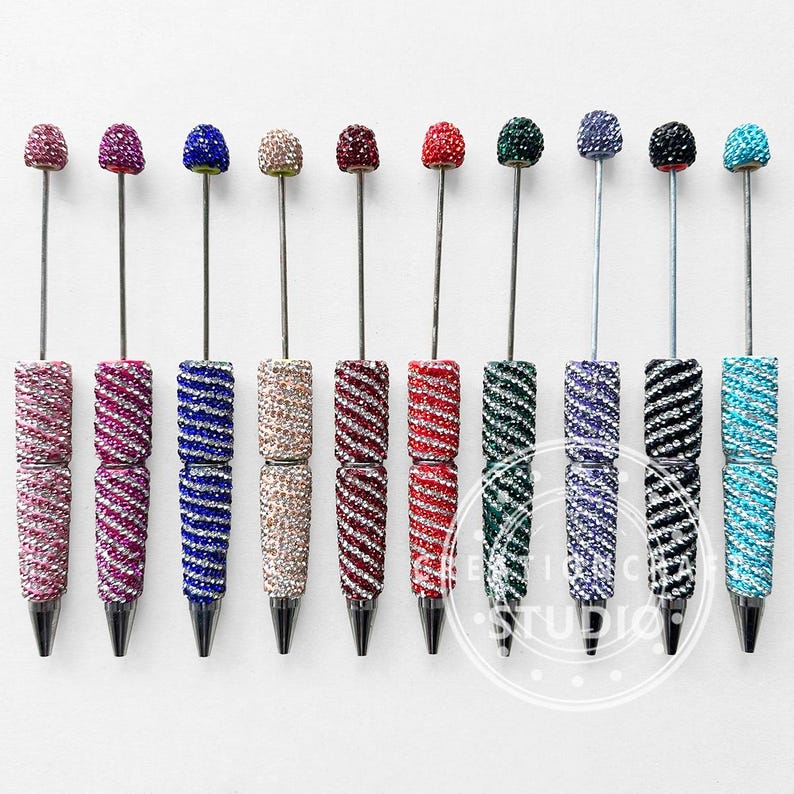 10Pcs Assorted Color Swirl Stripe Rhinestone Beadable Pen,Sparkle Crystal Polymer Clay Pens