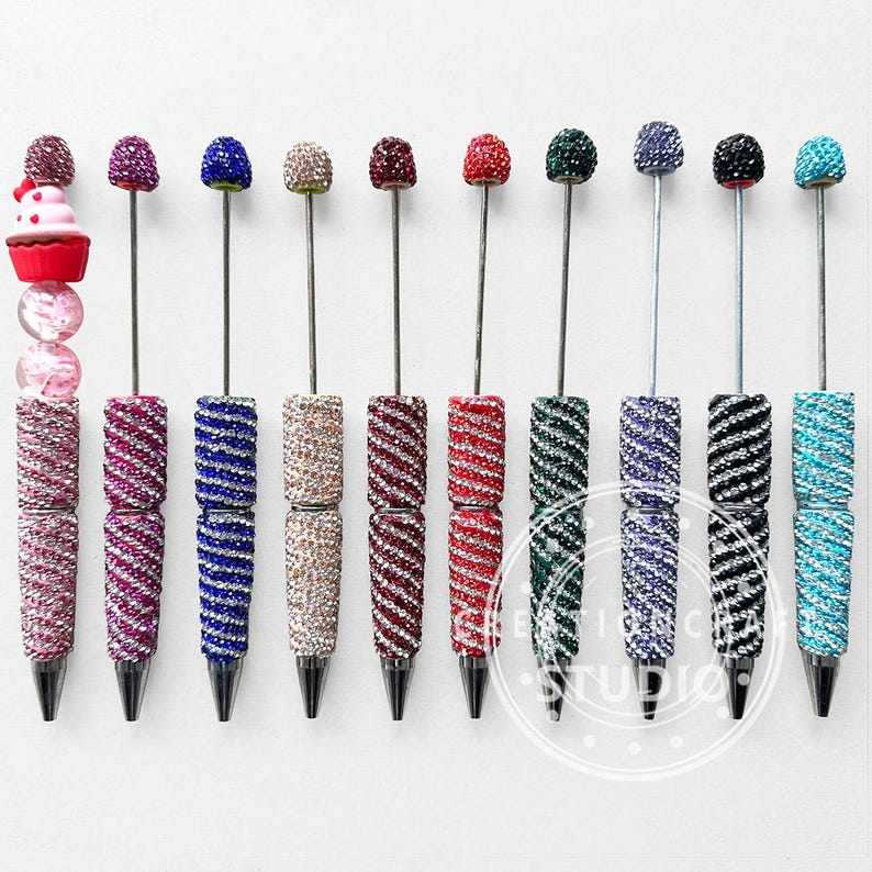 10Pcs Assorted Color Swirl Stripe Rhinestone Beadable Pen,Sparkle Crystal Polymer Clay Pens